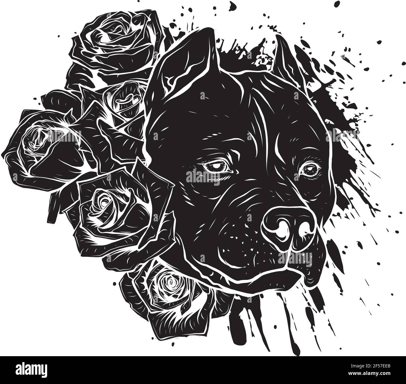 silhouette noire du chien tête avec illustration vectorielle de roses Illustration de Vecteur