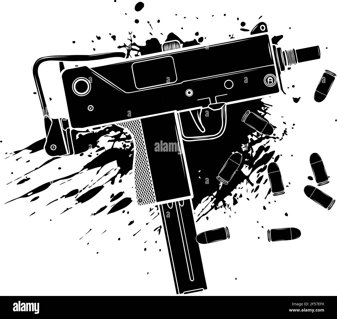 silhouette noire de l'arme uzi armée avec des balles et du sang Illustration de Vecteur