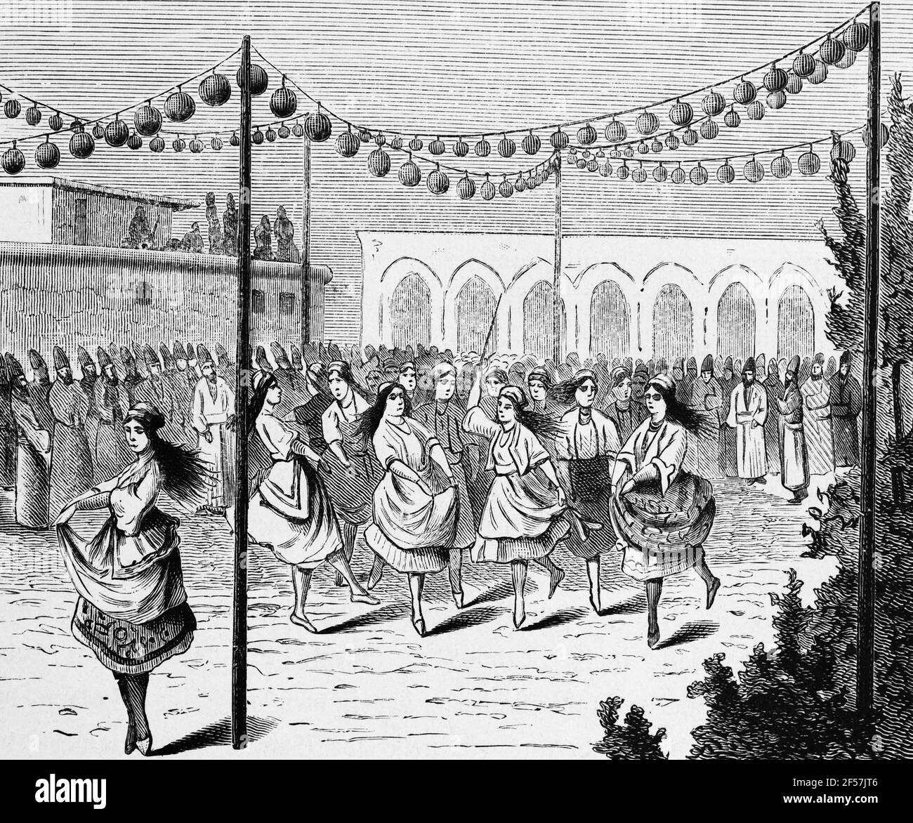 Fête de mariage perse avec des garçons déguerdés comme des filles dansent, Perse ou Iran, Moyen-Orient Asie, gravure en bois, Wien. Leipzig 1881 Banque D'Images