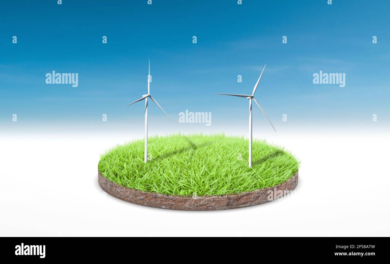 rendu 3d. Coupe transversale d'herbe verte avec éolienne sur fond bleu ciel. Banque D'Images