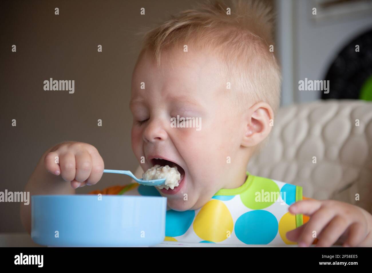 Joli toddle concentré dans un bavoir coloré assis dans une chaise haute et manger du porridge avec une cuillère Banque D'Images
