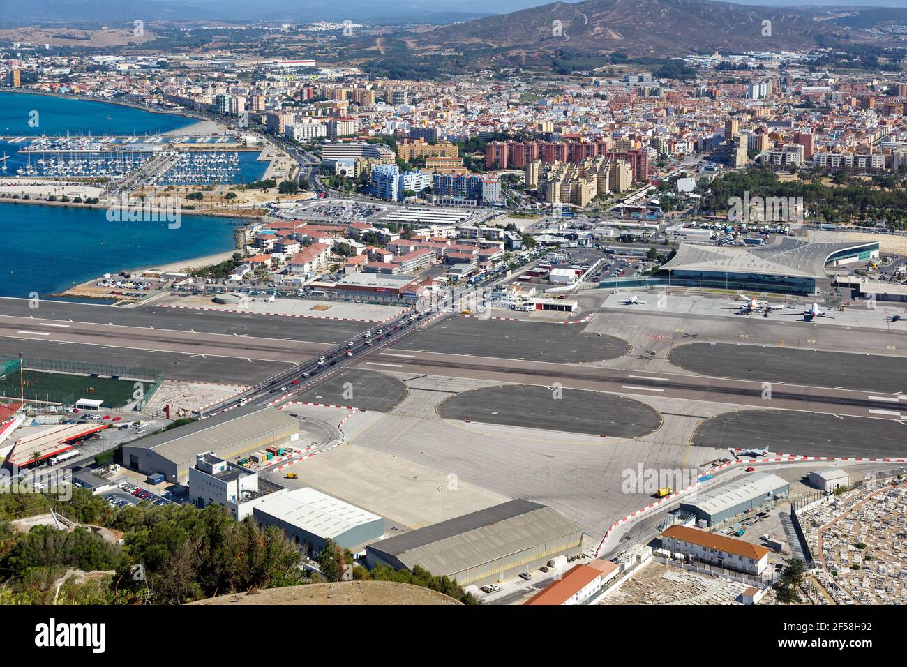 Gibraltar - 30 juillet 2018 : vue d'ensemble de l'aéroport de Gibraltar. Banque D'Images