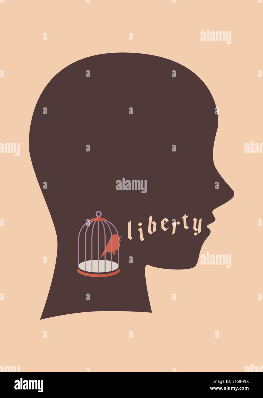 Oiseau dans la cage d'oiseau essayez de parler mot de liberté. Illustration du vecteur de métaphore du concept de liberté Illustration de Vecteur