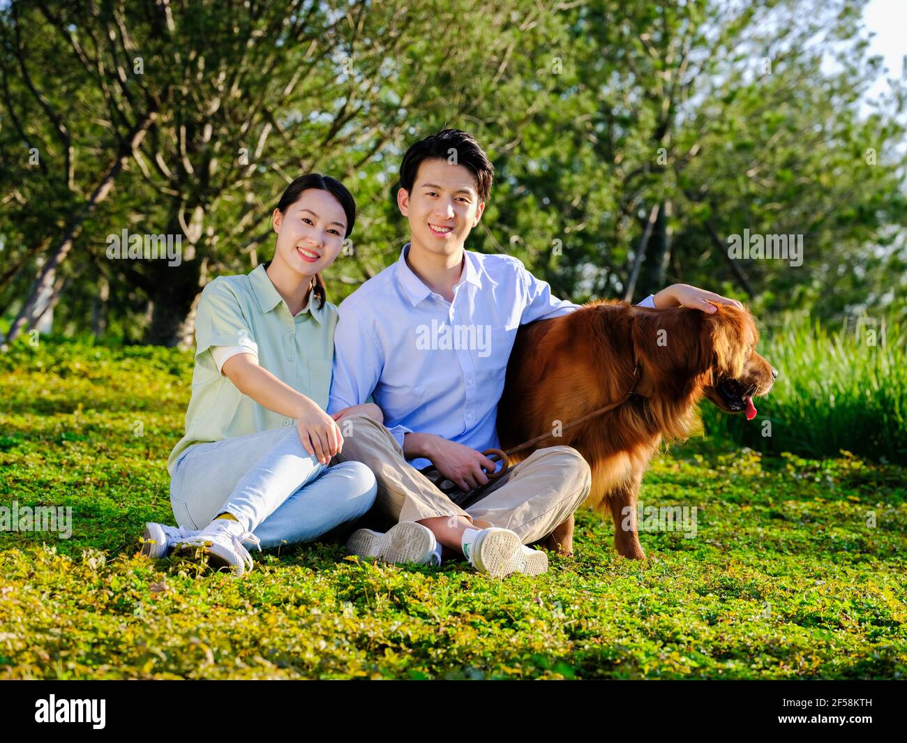 Bonne famille de trois et chien de compagnie jouant dans le garez-vous, assis sur l'herbe Banque D'Images