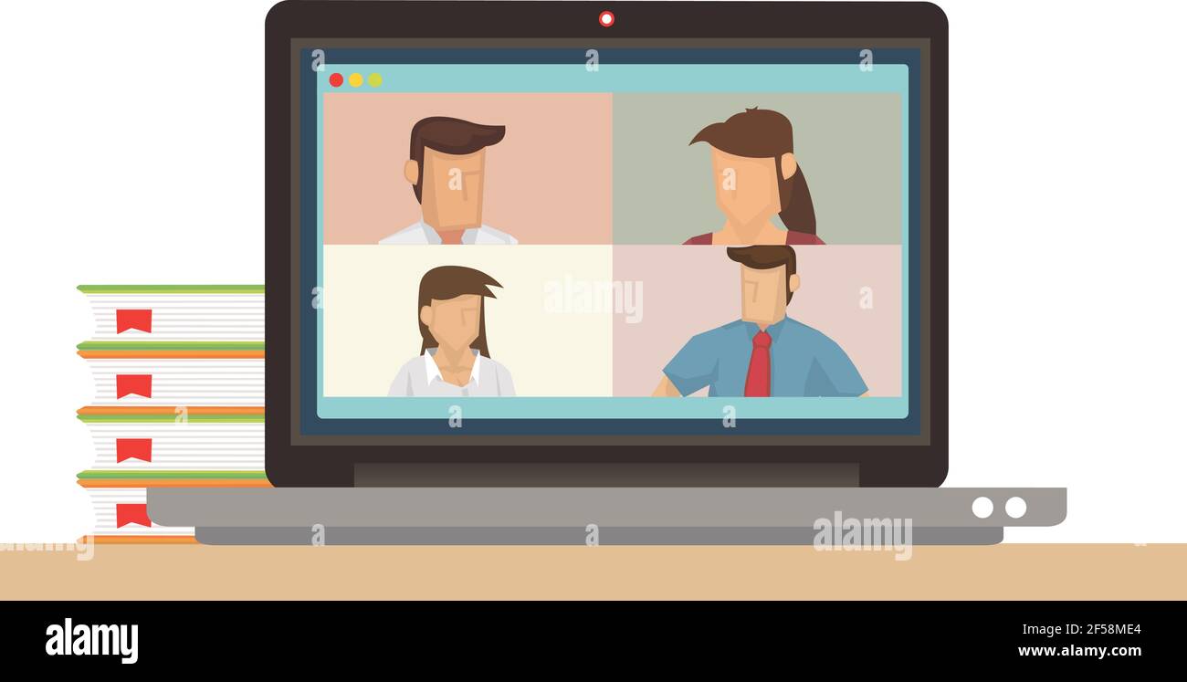 Illustration professionnelle d'un ordinateur portable, application de visioconférence avec groupe de personnes. Illustration vectorielle. Illustration de Vecteur