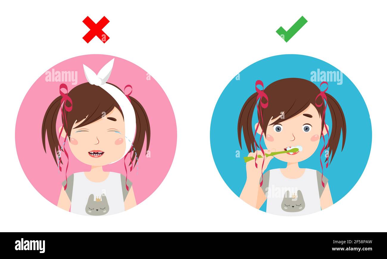 Petite fille pleure de maux de dents et une fille se brossant les dents. Illustration du vecteur de soins dentaires. Illustration de Vecteur