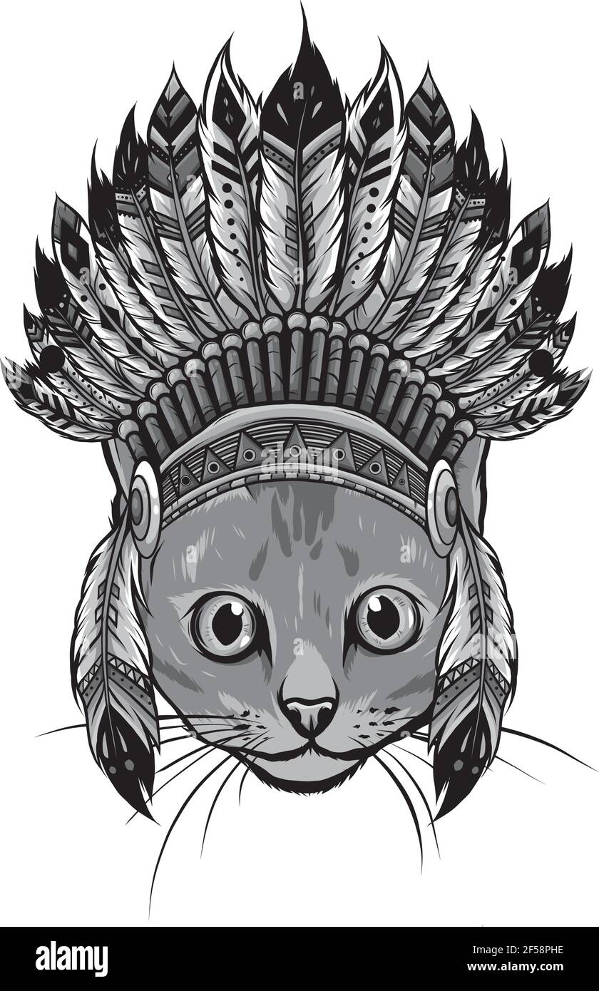 Conception de la tête de chat avec indian Hat Vector Illustration de Vecteur