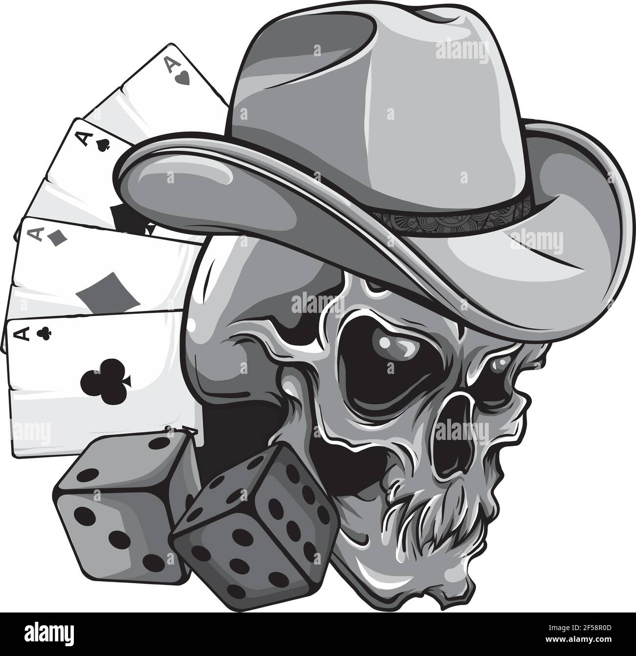 conception du crâne de cow-boy avec as de poker et dés Illustration de Vecteur