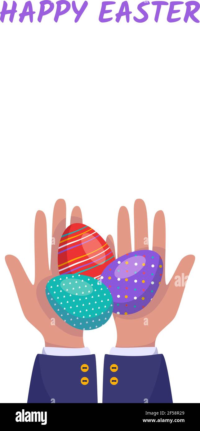 Bannière verticale avec mains tenant des œufs de Pâques peints Illustration de Vecteur