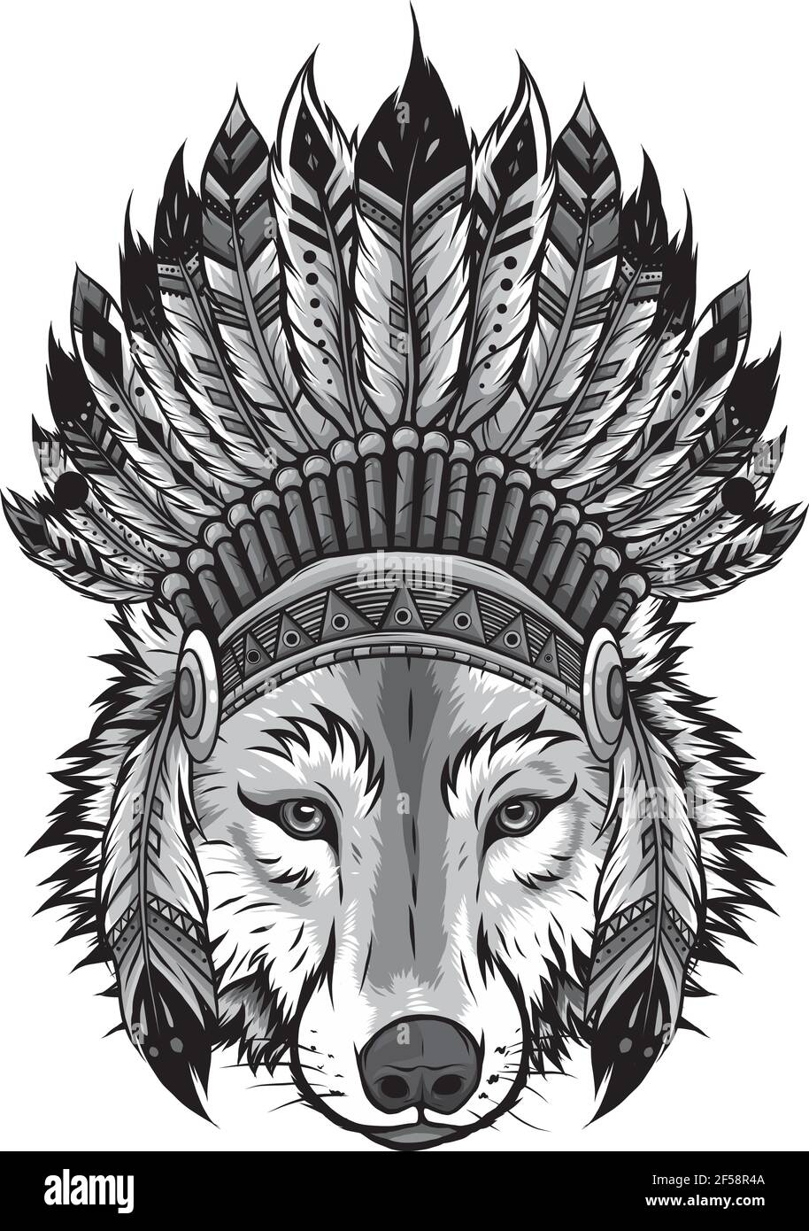 Dessin de loup indien avec plumes chapeau illustration vectorielle Illustration de Vecteur