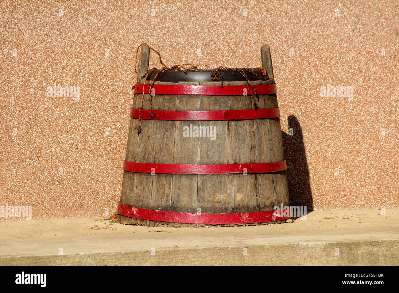 Ancien rétro vintage grand baril de vin en bois avec métal rouge cerceaux transformés en pots de fleurs décoratifs remplis de plantes sèches Banque D'Images