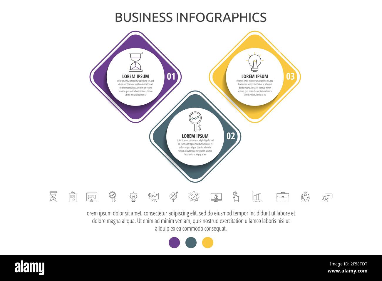 Infographie moderne et simple sur les cercles vectoriels plats avec 3 étapes, rhombus. Calendrier pour le diagramme, le diagramme, la présentation du flux de travail, les présentations, l'organigramme Illustration de Vecteur