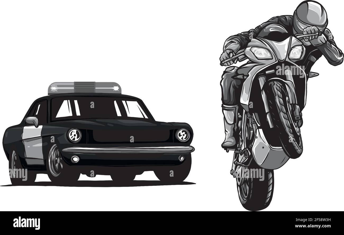 La conception d'une voiture de police est à la recherche d'un criminel sur une moto. Illustration de Vecteur