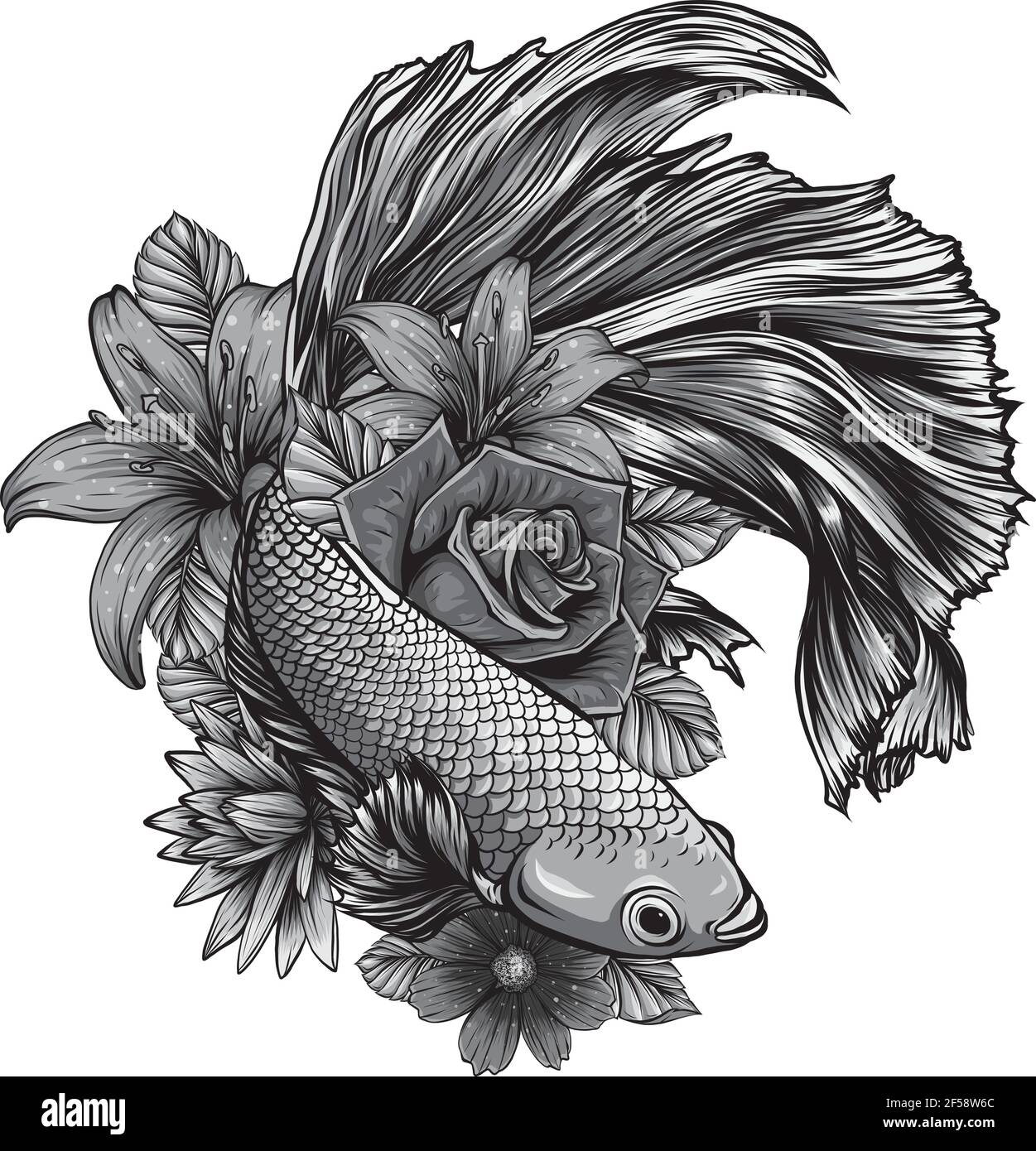 dessin de poissons betta splendens avec illustration vectorielle de fleurs Illustration de Vecteur