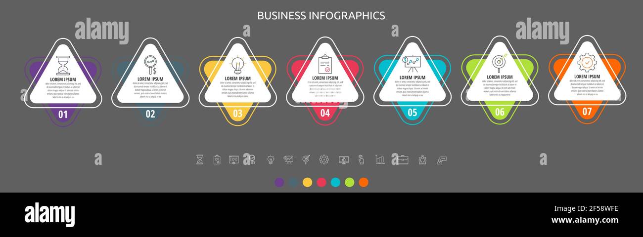 Infographie moderne et simple sur les triangles vectoriels plats avec 7 étapes. Calendrier pour diagramme, graphique, Web, présentation du flux de travail, présentations, organigramme, info Illustration de Vecteur