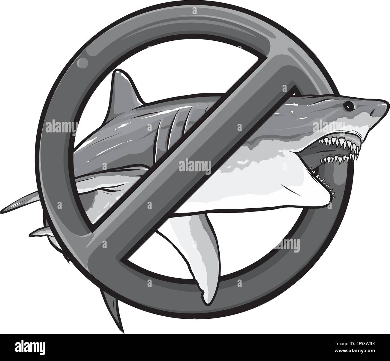 Conception du prédateur marin, le requin sur le fond du panneau d'interdiction Illustration de Vecteur