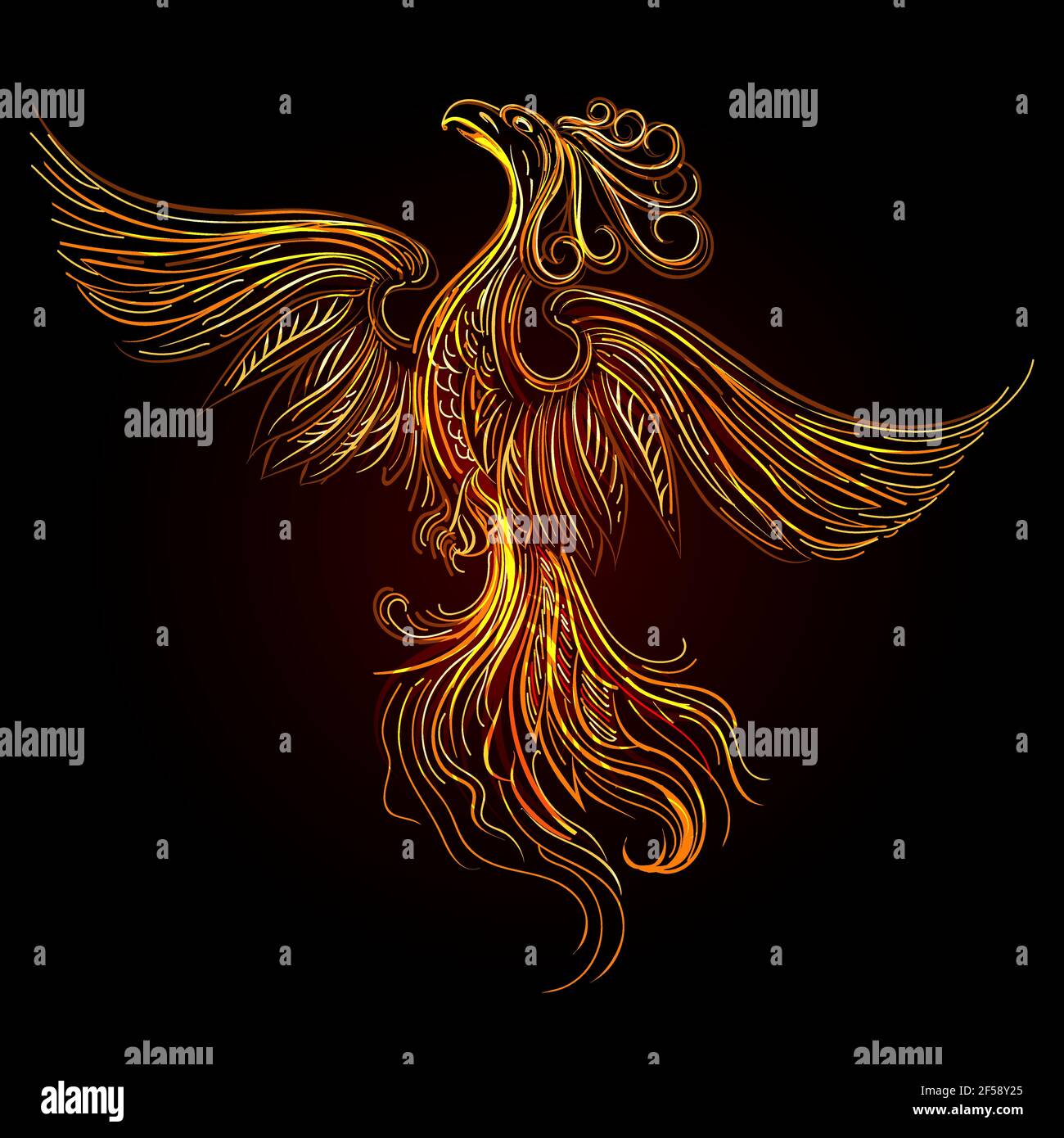 Rising Fire Burning Phoenix Bird sur fond noir. Illustration vectorielle. Illustration de Vecteur