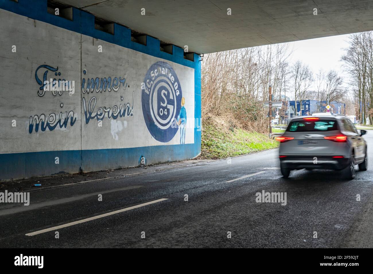 Fresque, peinture des fans du club Bundesliga FC Schalke 04, au stade Schalke, Veltins Arena, tunnel routier, à Gelsenkirchen, NRW, Allemagne Banque D'Images