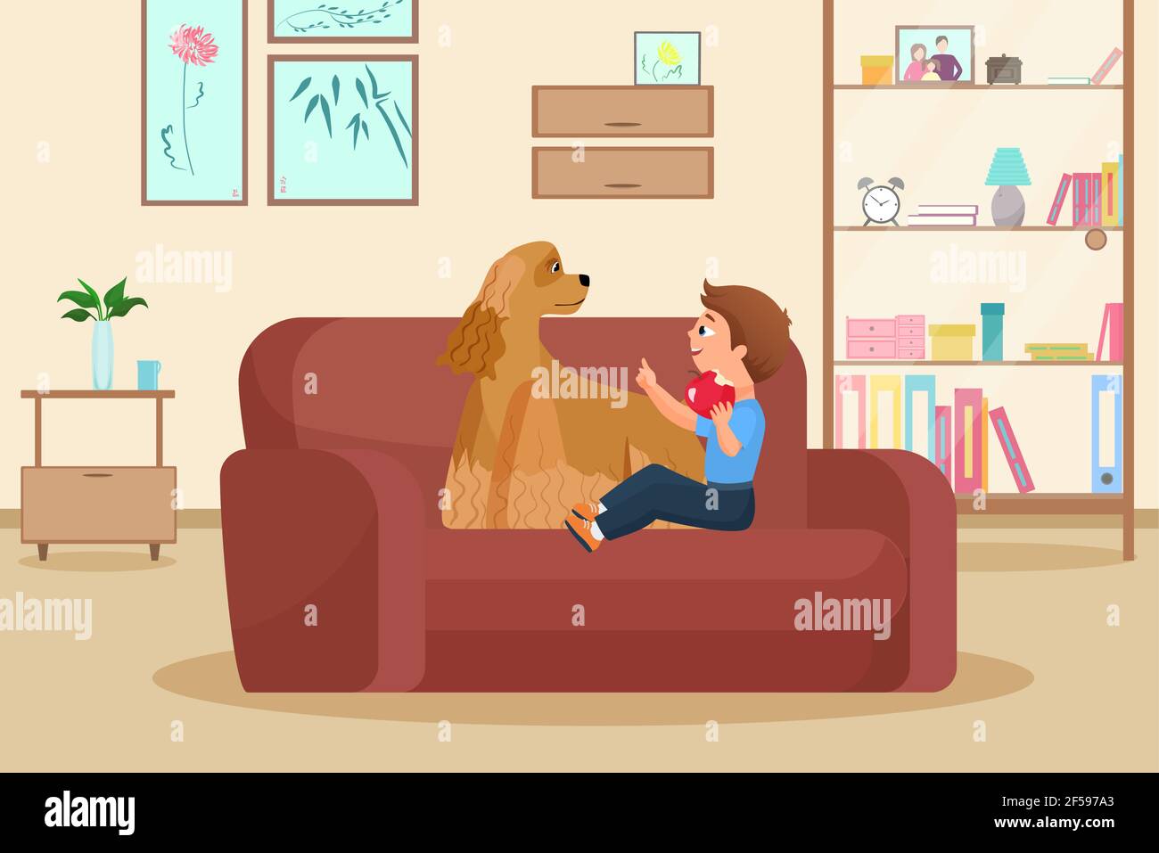 Enfant avec chien d'animal de compagnie, enfant et animal d'ami chien assis sur le canapé dans la salle de séjour à la maison Illustration de Vecteur