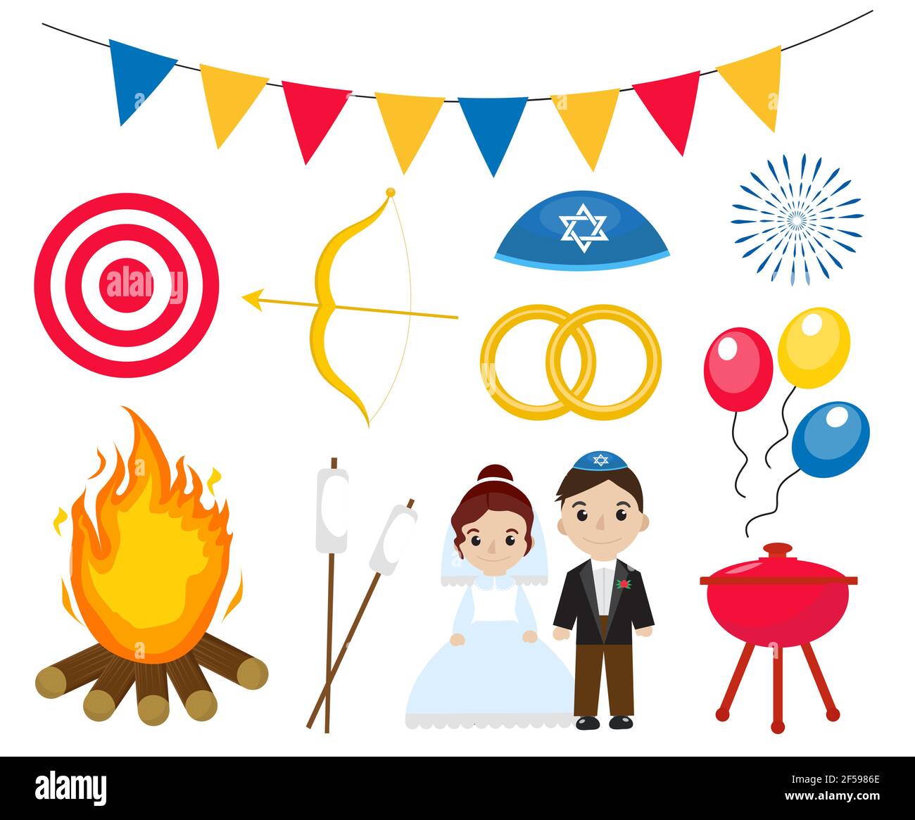 Lag baOmer Icon Set Flat style, Lag B'Omer Jewish Holiday collection objets éléments design. Illustration vectorielle Illustration de Vecteur