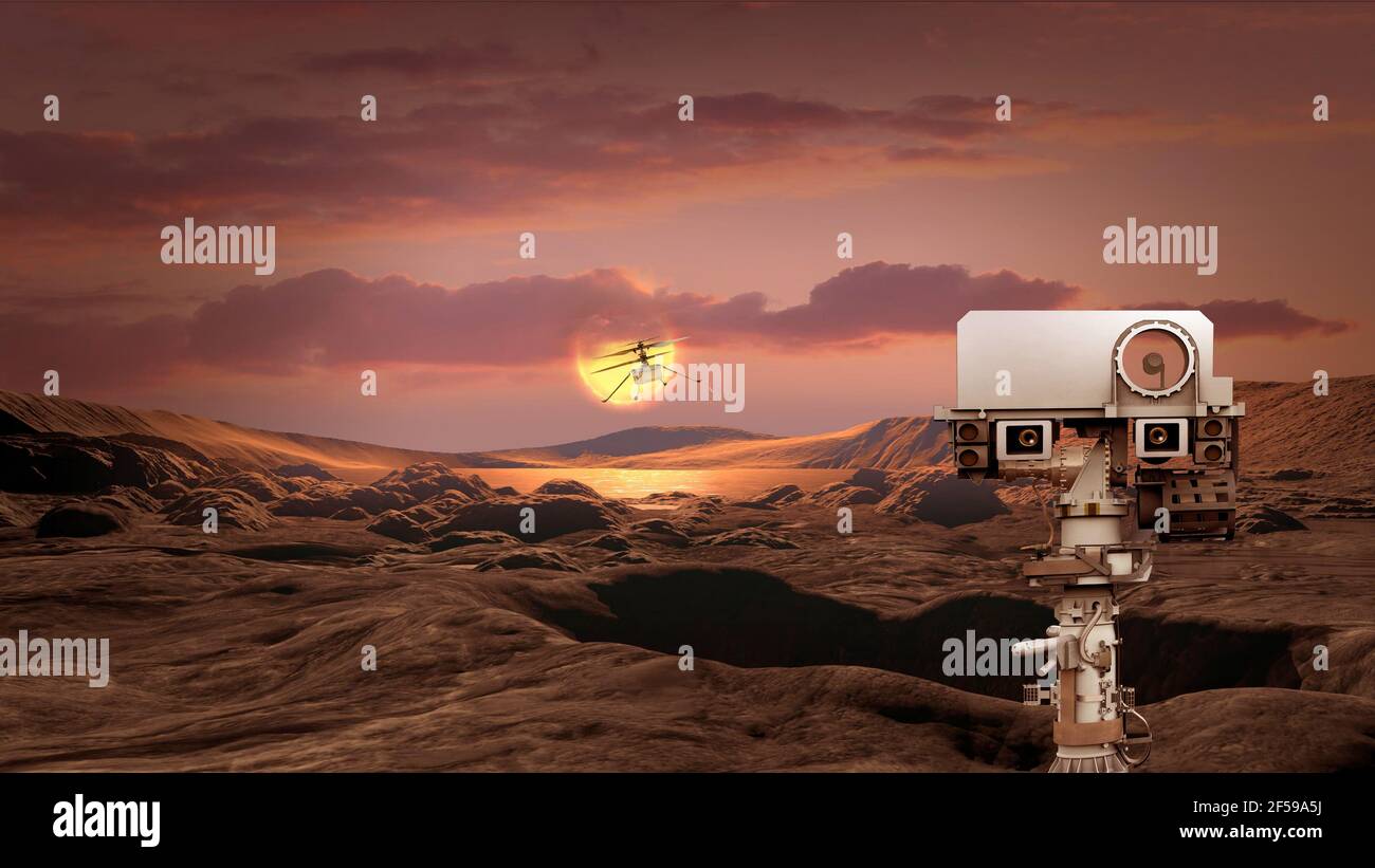 exploration de la planète mars à l'aide d'un rover mars et Un drone, éléments de cette image fournis par la NASA illustration 3D Banque D'Images