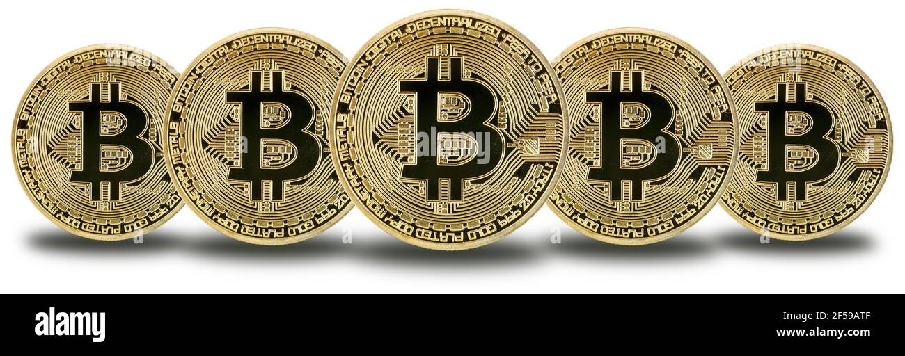 Bitcoin crypto monnaie payer en ligne payer de l'argent numérique crypto-monnaie affaires finances isolées sur blanc dans une rangée bit coin Banque D'Images