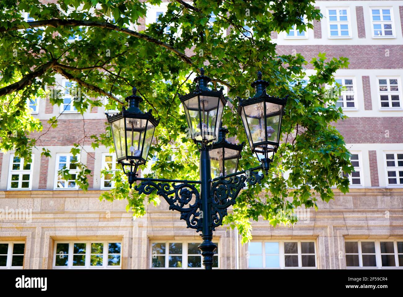 Lanterne à gaz d'époque et vieux arbre en face d'un bâtiment à 'Stadtbrückchen' dans la partie basse de Düsseldorf. Banque D'Images