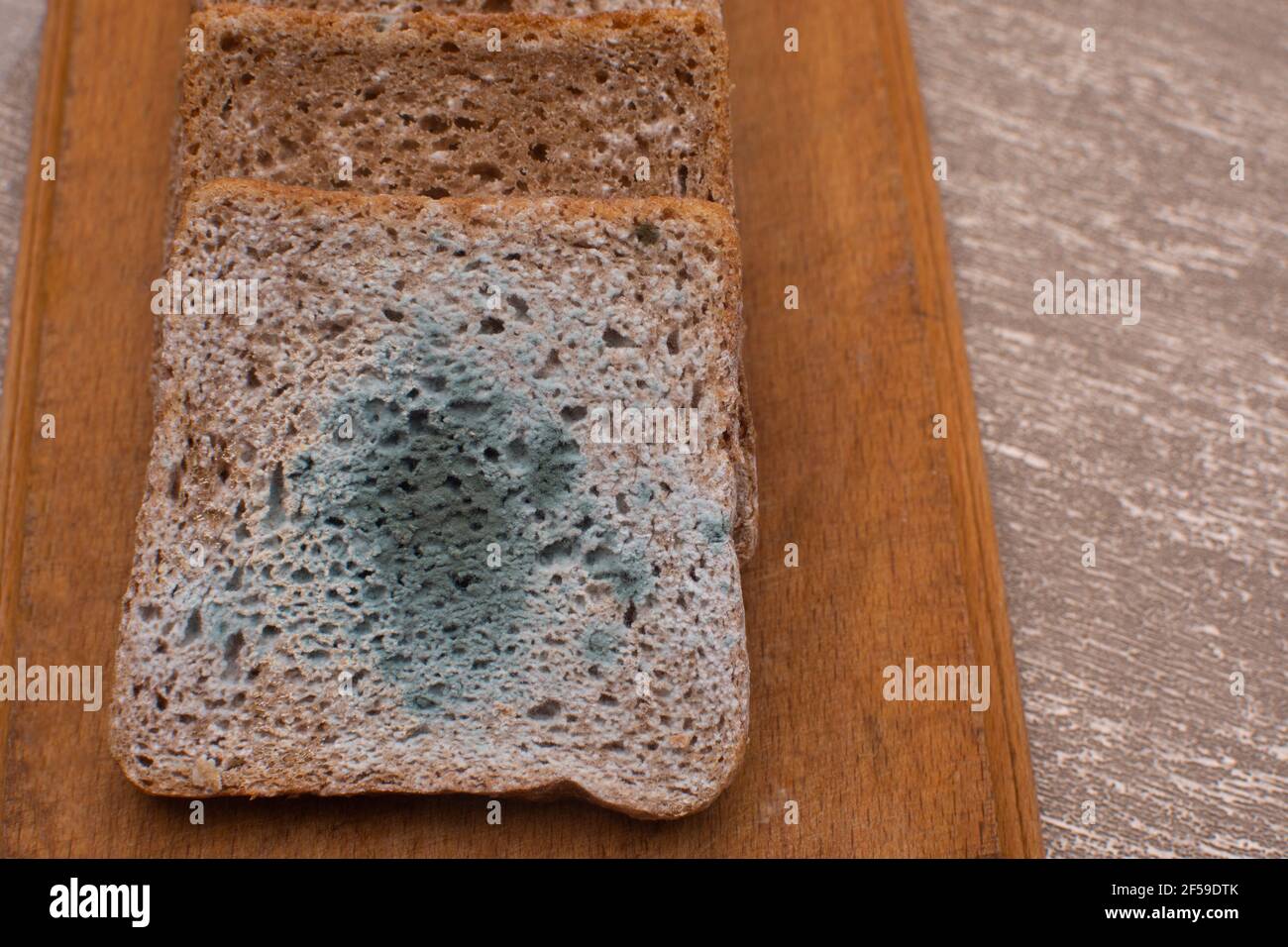 pain avec moule vert sur une planche de bois. Banque D'Images