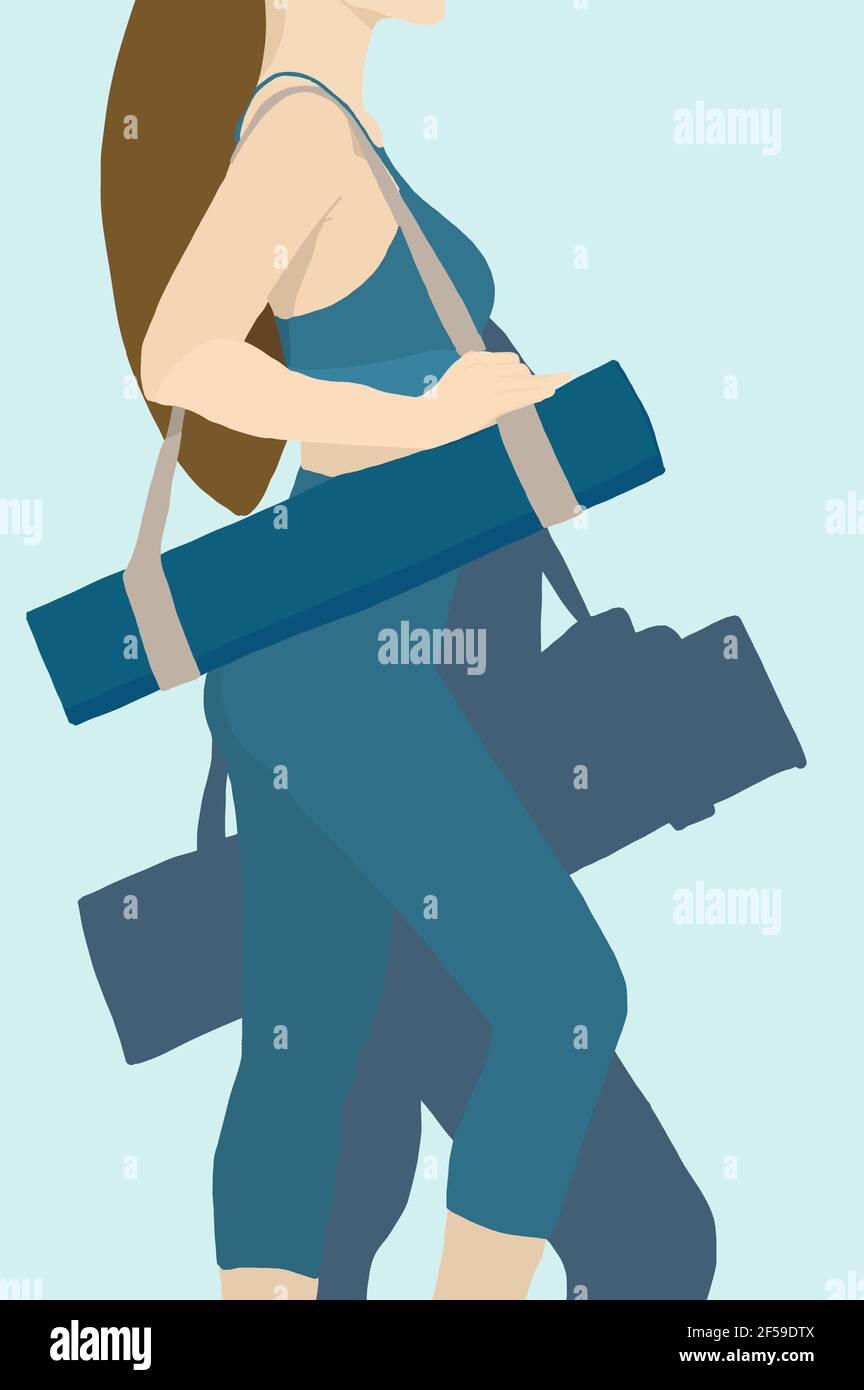Illustration d'une jeune femme qui tient son tapis et porte des vêtements de sport prêts à faire sa séance de yoga quotidienne. Concept de pleine conscience 2021. Banque D'Images