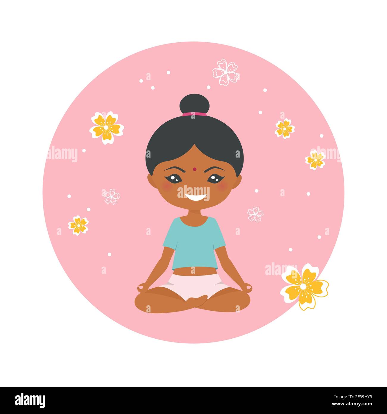 Adorable chibi indienne faisant du yoga sur fond rose. Style dessin animé plat. Illustration vectorielle Banque D'Images