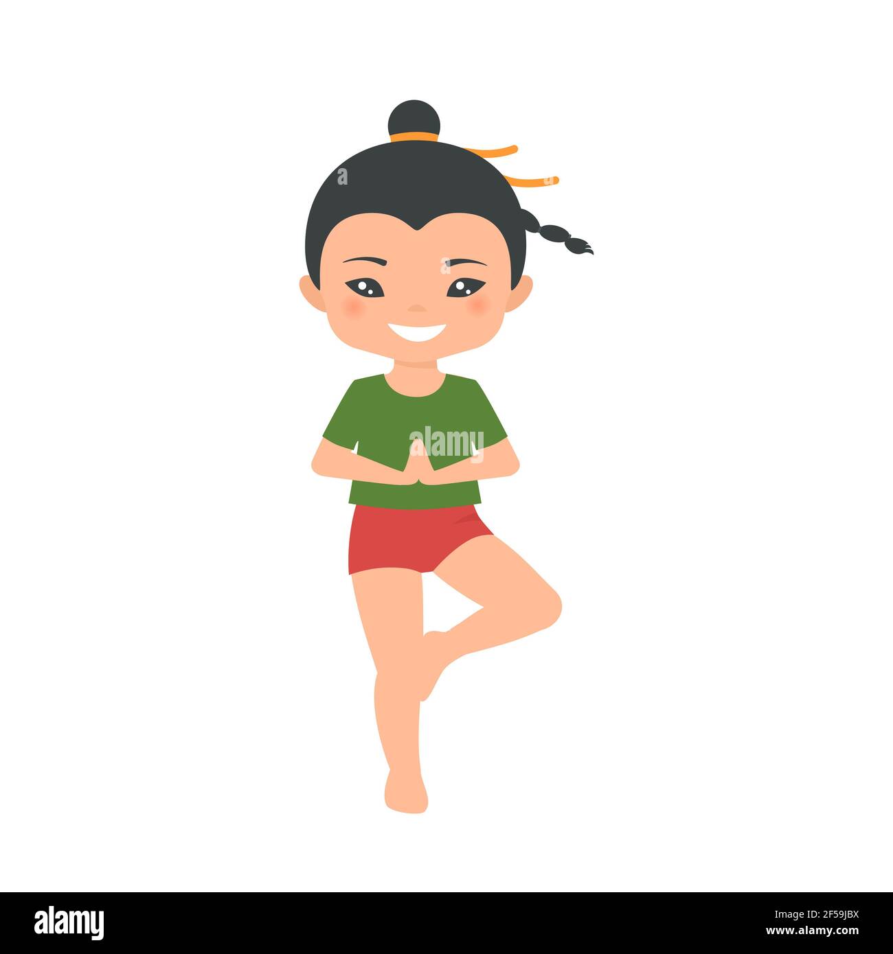 Le chibi chinois mignon pratique le yoga. Isolé sur fond blanc. Style dessin animé plat. Illustration vectorielle Banque D'Images