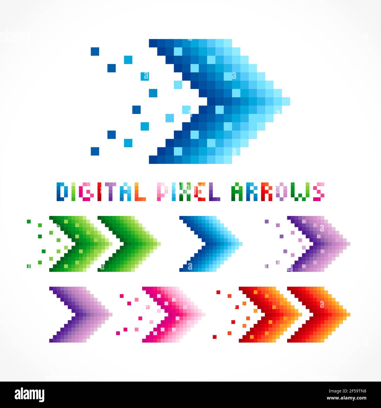 Icônes de pixels de flèche. Ensemble de logotypes vectoriels. Parcourir les pointeurs avec des pixels. Logistique directionnelle colorée vers le bas, vers le haut, vers la gauche, vers la droite, flèches avec texte, Illustration de Vecteur