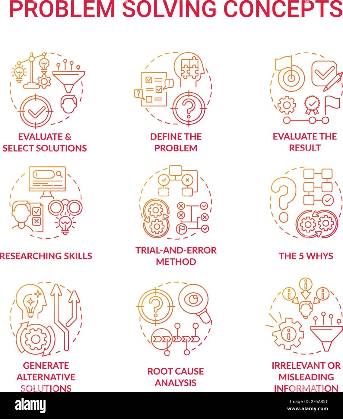 Résolution des problèmes jeu d'icônes de concept de dégradé rouge Illustration de Vecteur