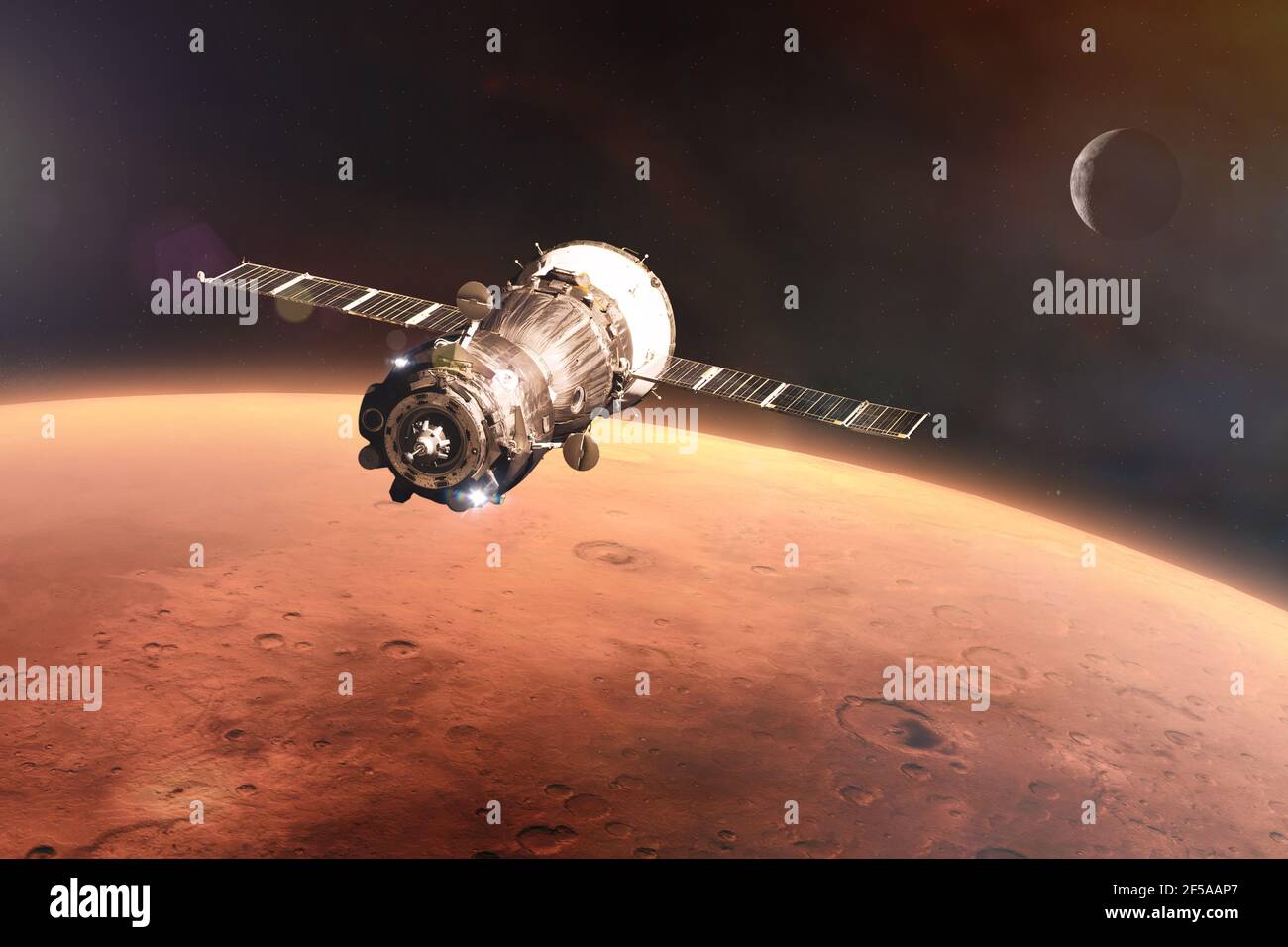 Un vaisseau spatial est lancé dans l'espace sur fond de planète Mars. Éléments de cette image fournis par la NASA. Banque D'Images