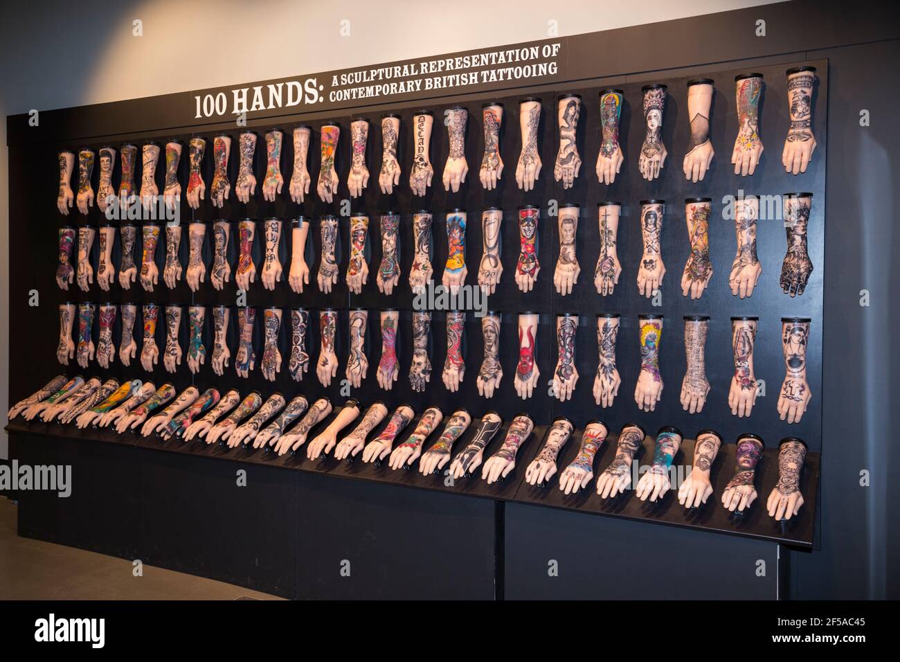100 mains; mains modèles montrant différents dessins de tatouage, partie de l'exposition 'British Tattoo Art Revealed' sur l'exposition à la galerie No.1 Smithhery dans le chantier naval historique de Chatham, Chatham. Kent, Royaume-Uni. (121) Banque D'Images
