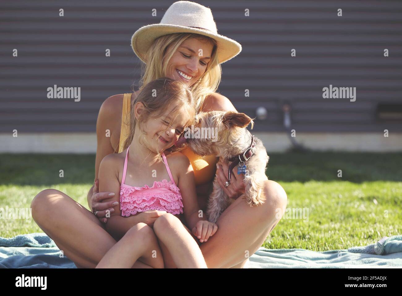 Chien qui vole des baisers de l'enfant un jour d'été Banque D'Images