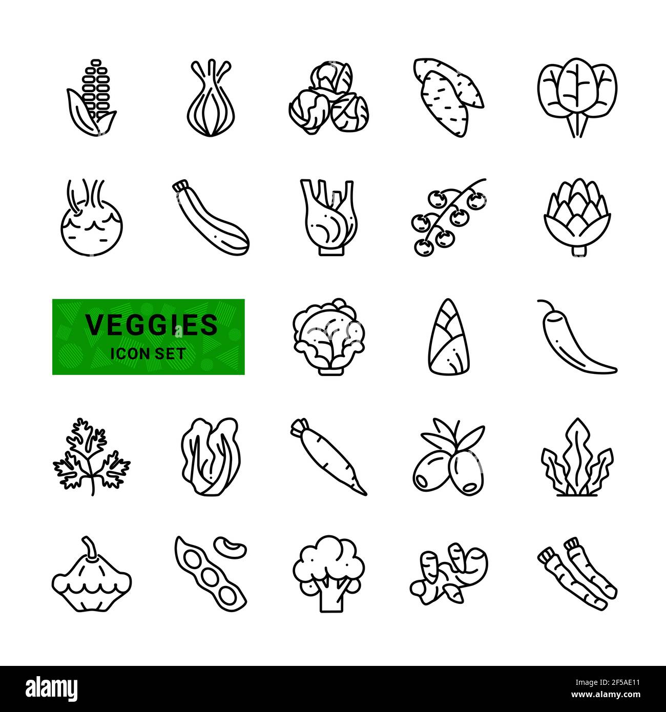 Plats végétariens. Légumes, légumes-minimum contour fin ensemble. La collection comprend des oignons, du maïs, des olives, du Chili, des courgettes, artichaut. Icône de ligne vectorielle Illustration de Vecteur