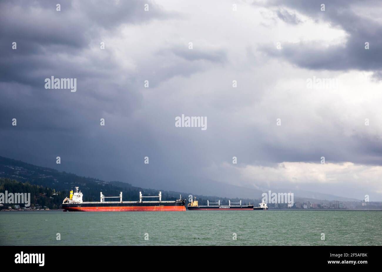 Des navires-conteneurs attendent dans le port à l'extérieur du port de Vancouver Banque D'Images