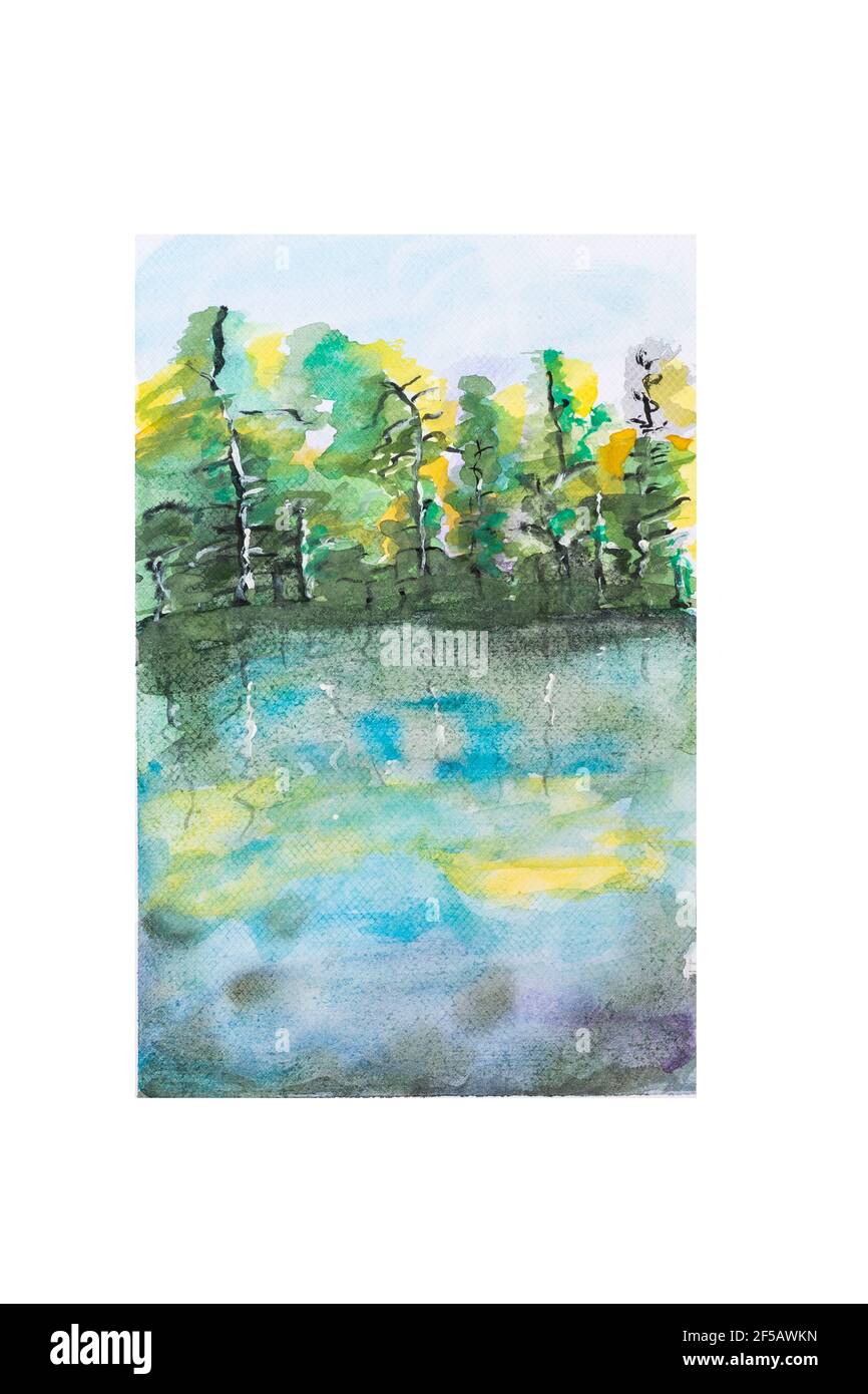 forêt verte en aquarelle, avec lac Banque D'Images