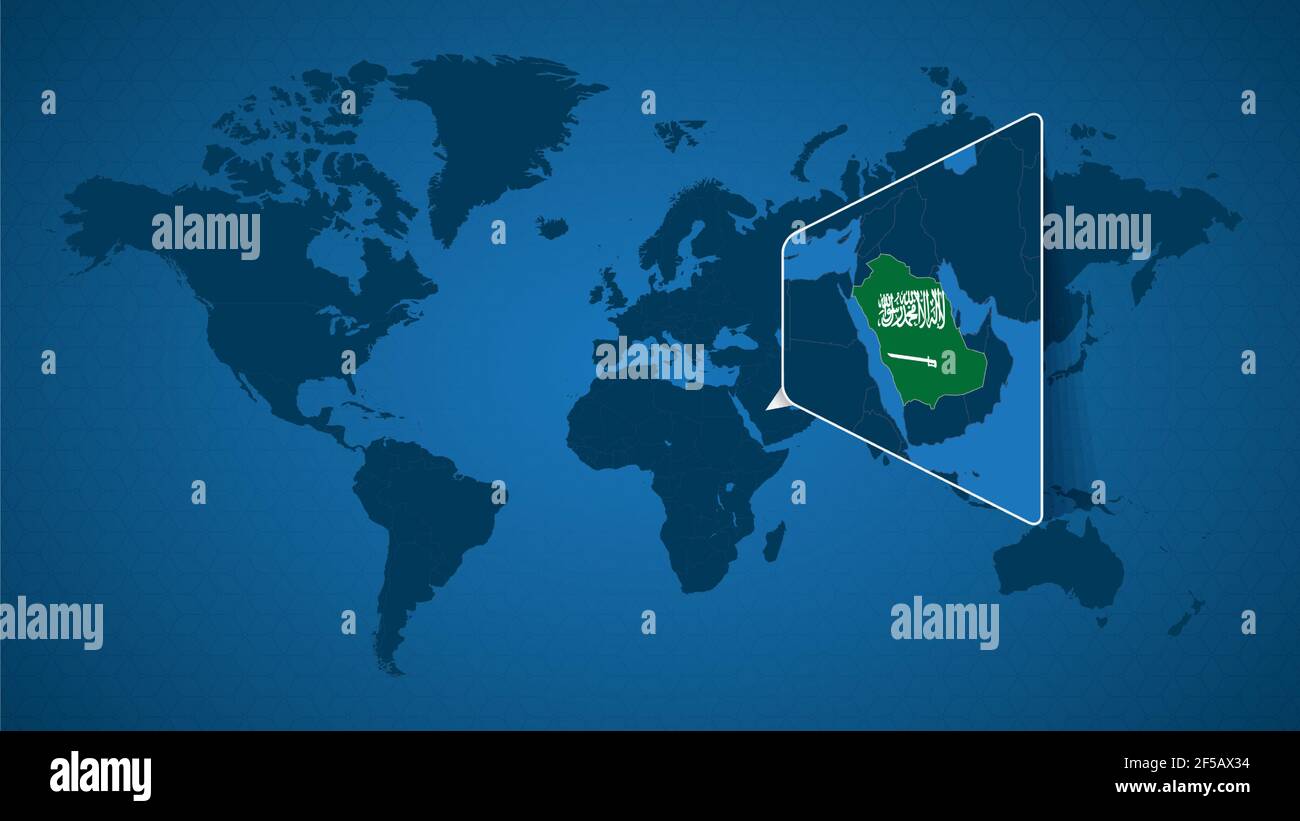 Carte détaillée du monde avec carte agrandie de l'Arabie saoudite et des pays voisins. Drapeau et carte de l'Arabie Saoudite. Illustration de Vecteur