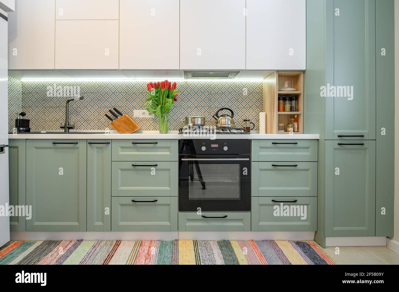 Cuisine moderne en vert-sarcelle, mobilier en façade Banque D'Images