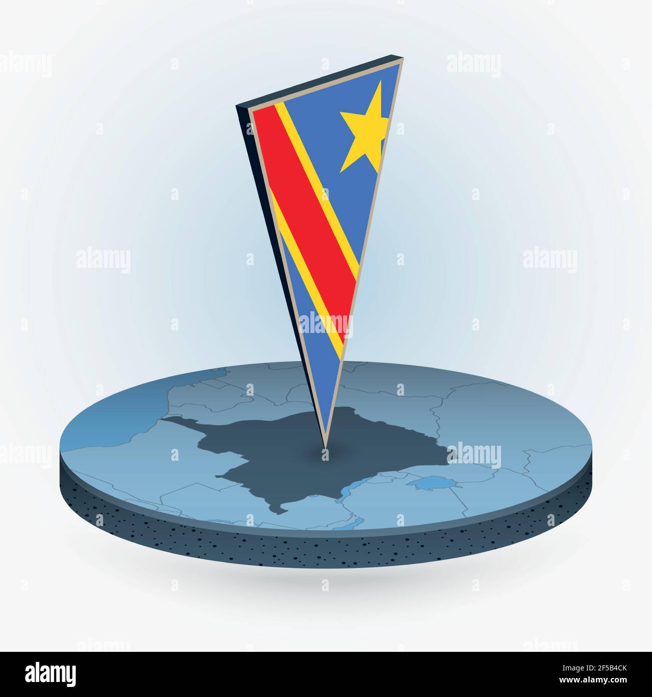 Carte de la RD Congo en forme de rond isométrique avec drapeau triangulé en 3D de la RD Congo, carte vectorielle en bleu. Illustration de Vecteur
