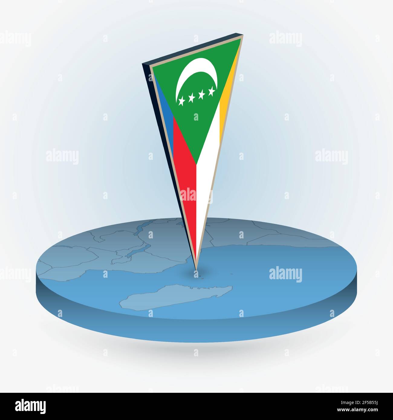 Carte des Comores en rond de style isométrique avec drapeau triangulé en 3D des Comores, carte vectorielle en bleu. Illustration de Vecteur