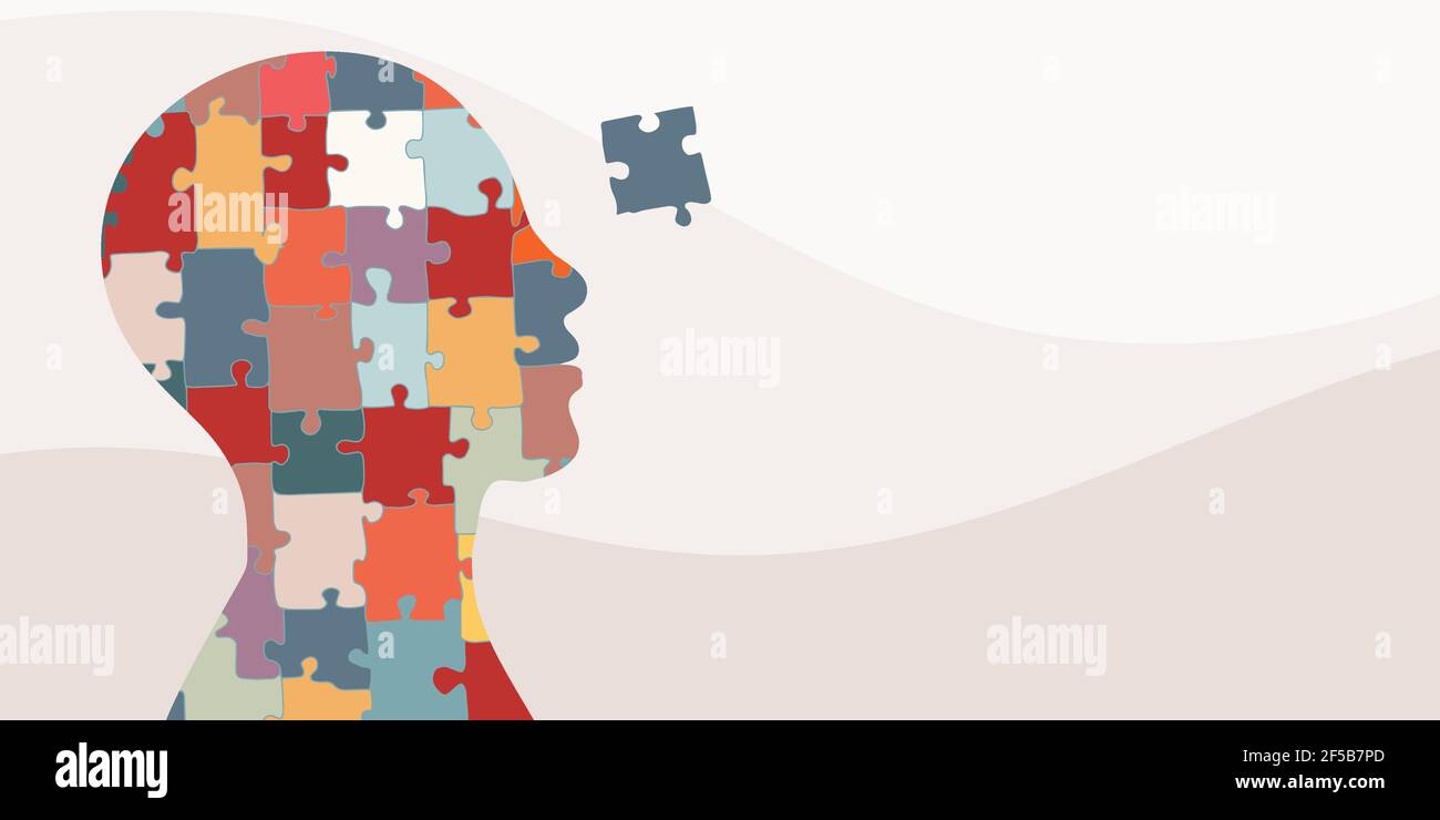 Bannière. Concept du syndrome d'autisme. Scie sauteuse qui forme la tête humaine en profil. Soutien à l'apprentissage et éducation. Maladie neurologique. Esprit et cerveau. Cerveau Illustration de Vecteur