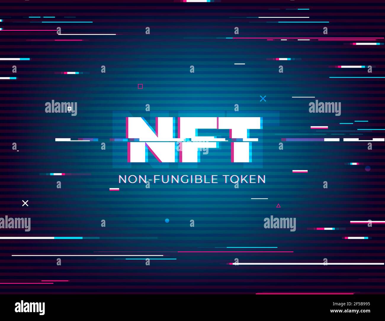 Jeton non fongible NFT, illustration vectorielle crypto art pour bannière. Arrière-plan numérique abstrait de NFT cryptoart et de jeu utilisant la technologie blockchain Banque D'Images