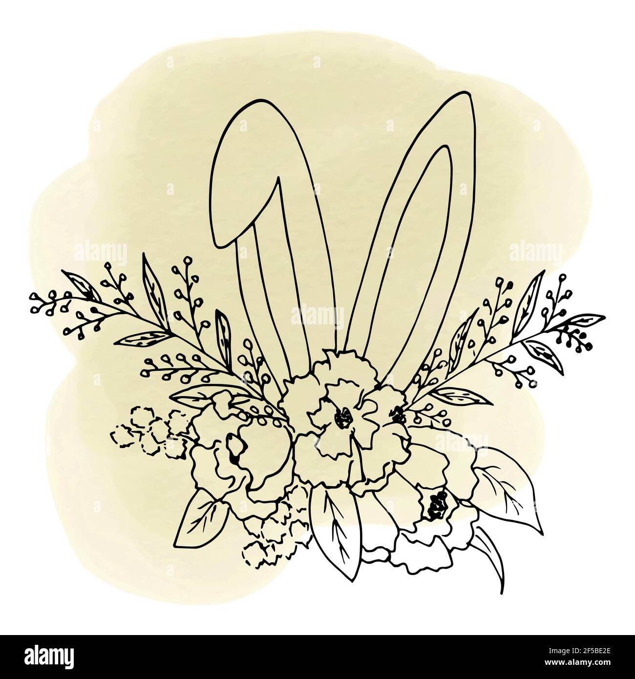 Croquis d'un bouquet de fleurs et de feuilles de Pâques avec des oreilles saillantes d'un lapin. Illustration vectorielle dans le style de dessin au trait, isoler le Illustration de Vecteur