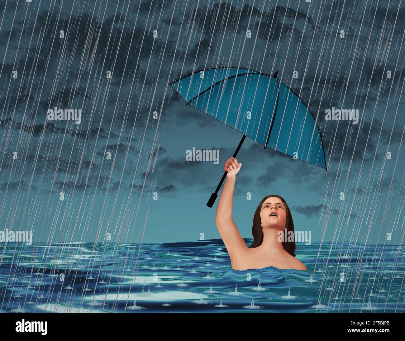 Dans un acte de futilité, une femme dans un lac ou un océan est dans une  tempête, mais bien qu'elle soit déjà humide, tient un parapluie au-dessus  pour la protection contre le
