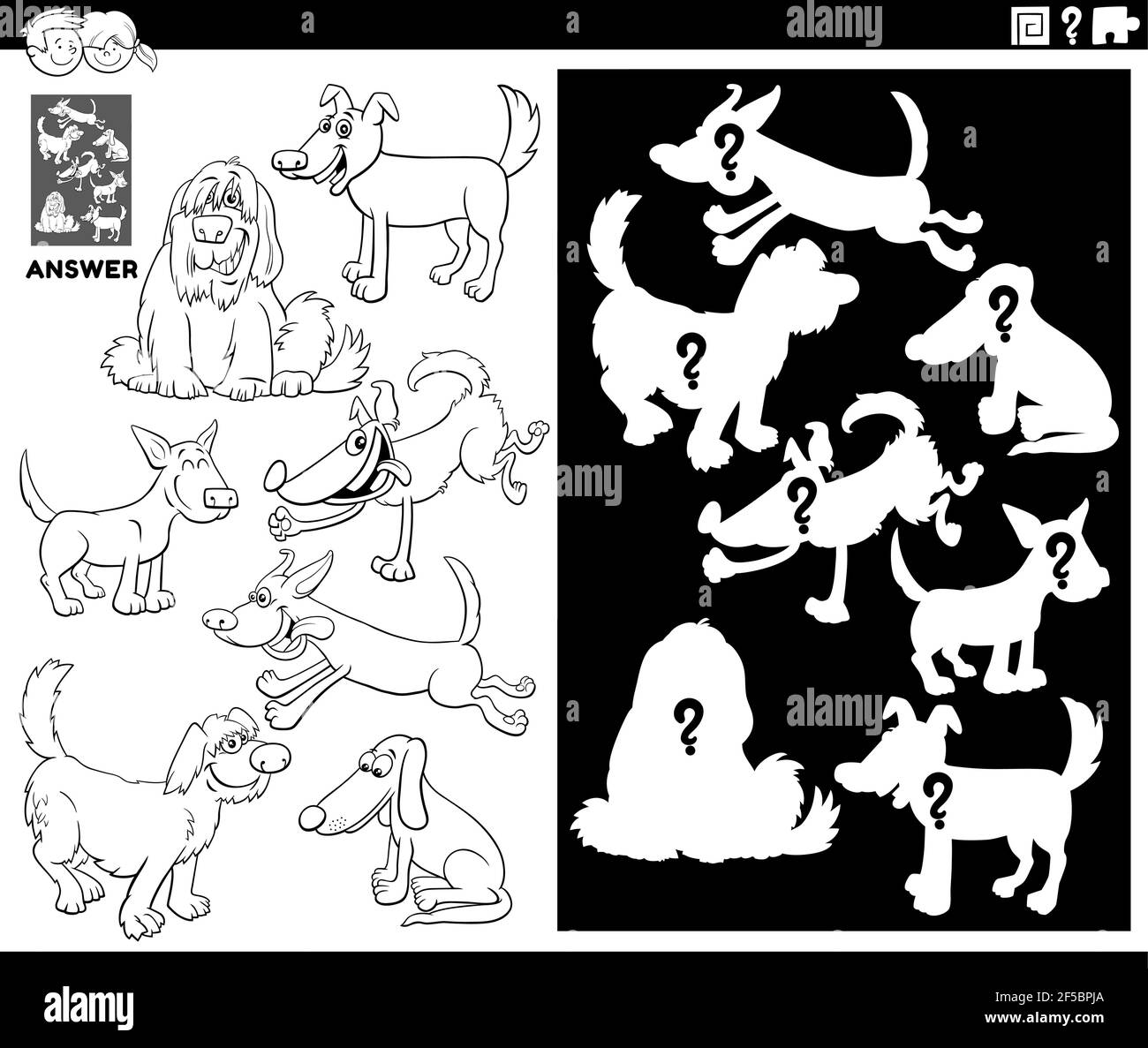 Illustration de dessin animé noir et blanc des images de match et du forme droite ou silhouette avec chiens personnages animaux jeu éducatif pour les enfants col Illustration de Vecteur