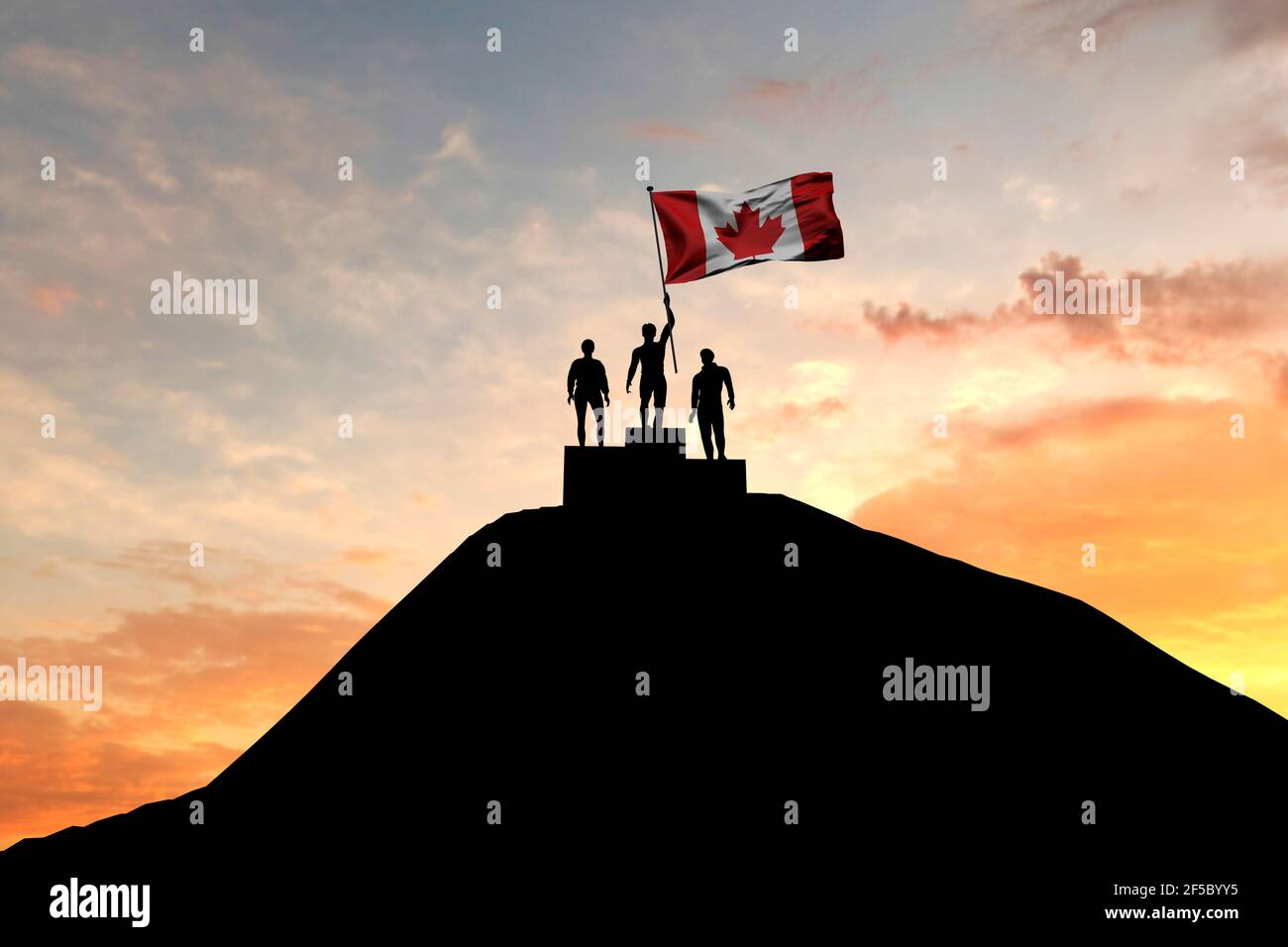 Le drapeau du Canada est sur le podium des gagnants. Rendu 3D Banque D'Images