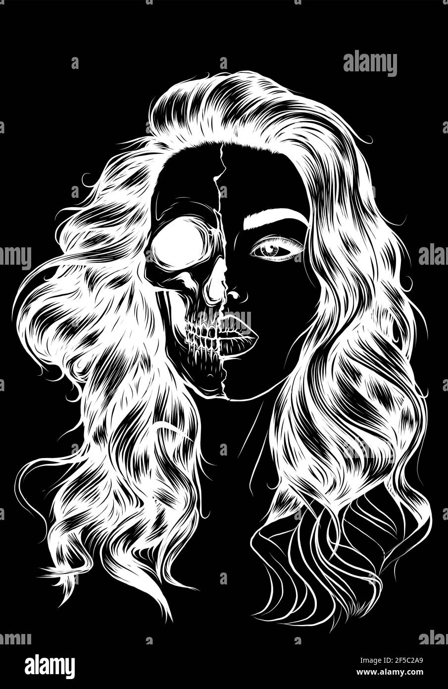 Silhouette blanche de la fille de crâne avec une couronne. Sur fond noir Illustration de Vecteur